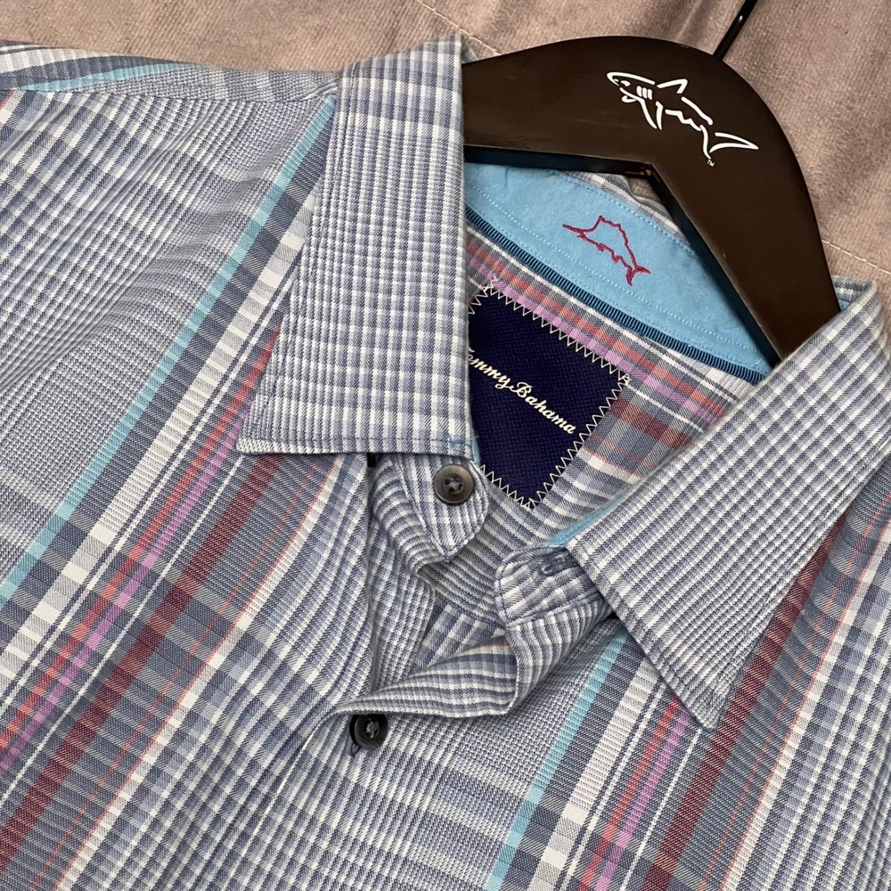 Tommy Bahama Button Down Shirt Mens XL Blue Plaid Excellent Cotton Silk‎ Blend